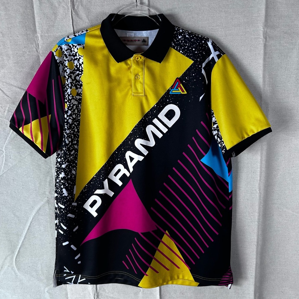 Black Pyramid Mens XL Geometric Retro 90s Abstract Polo Shirt Chris Brown Yellow